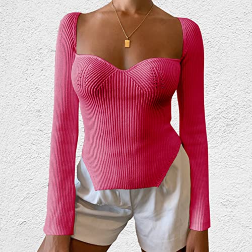 Image of Women's Square Neck Ribbed Knitted Sweater Long Sleeve Crop Slim Fitted Basic Pullover Tops