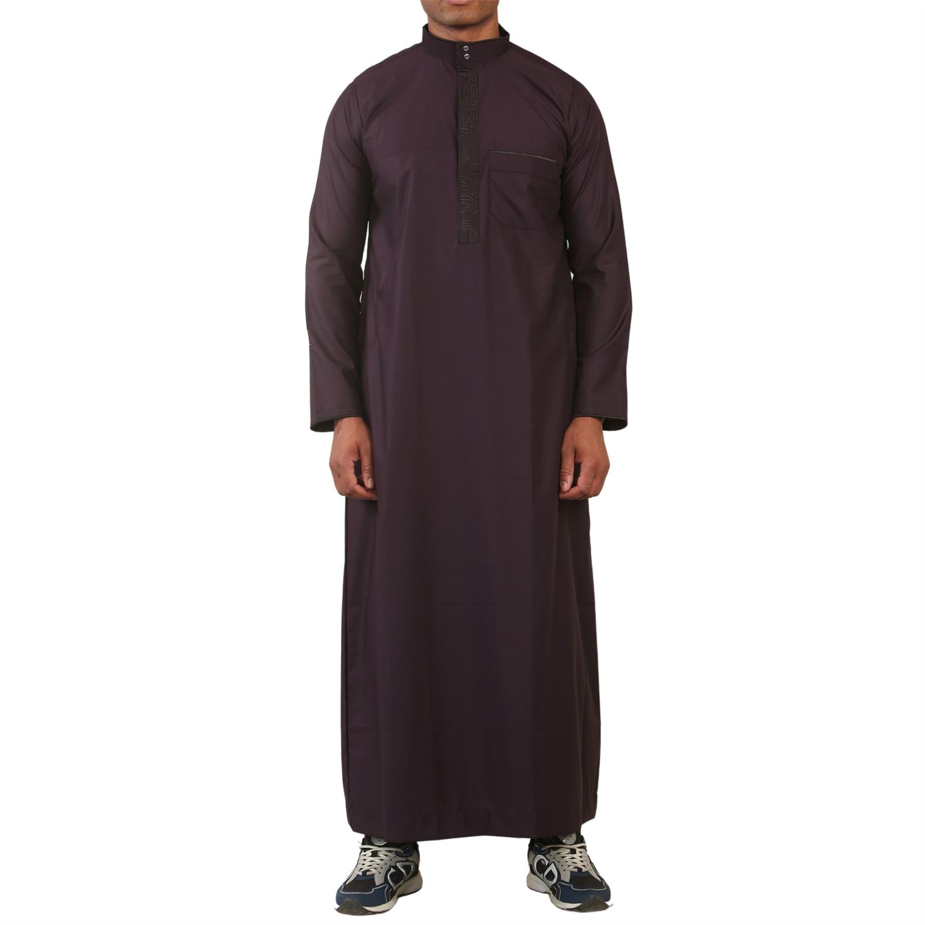 Mens Thobe Jubba Nehru Stand Collar Islamic Clothing Muslim Kaftan Embroidery Eid Robe Saudi | Purple - Purple 58