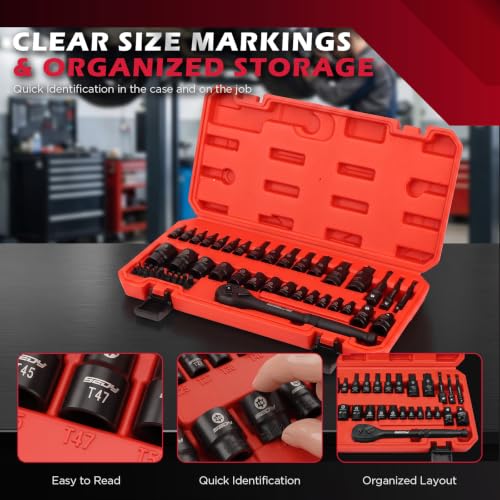 Image of 54-Piece Master Torx Bit Socket Set, T8-T70 Star Bits and E4-E24 E-Torx Sockets, Ratchet Wrench, 1 /4 inch Bit Holder, S2 Steel Bits, CR-V Sockets, Extension Bars and Adapters for Auto Repair