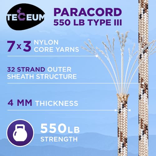 Image of TECEUM Reflective Paracord Rope 1000 - 1000ft /200ft /100ft /50ft - 40+ Colors - Glow in the Dark - para Cord - Utility Rope for Survival, Hunting & Camping Gear - Nylon String, Camping Rope, Tent Cord