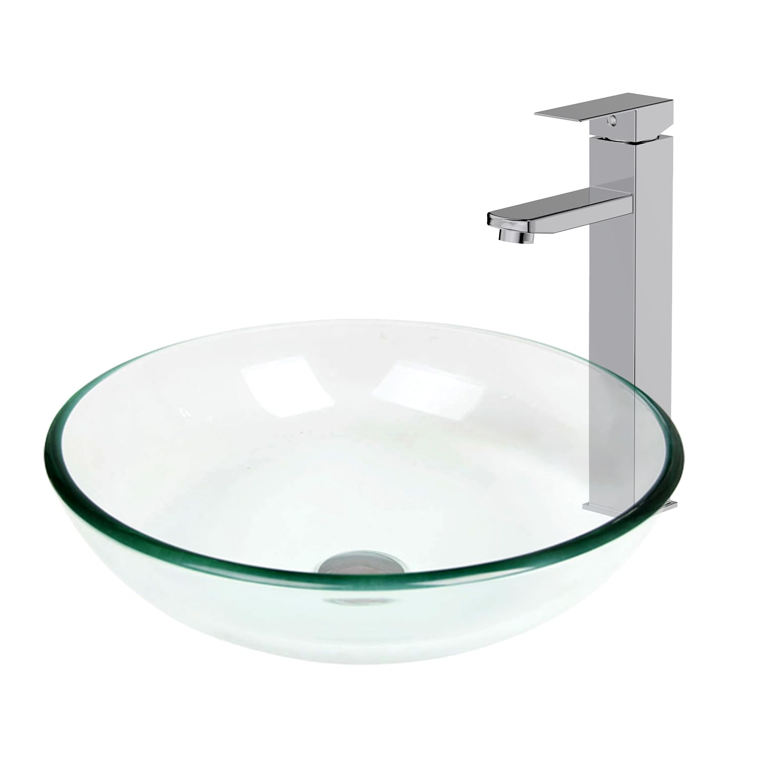 Vasque de salle de bain en verre trempé transparent avec robinet chromé