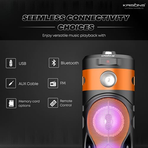 Image of Krisons Cylender 111 50W Portable Speaker with 4 inch Double Woofers,Free Wired Mic for Karaoke, in Built Torch, Remote Control with Bluetooth, FM, USB, Micro SD Card Connectivity (Orange)