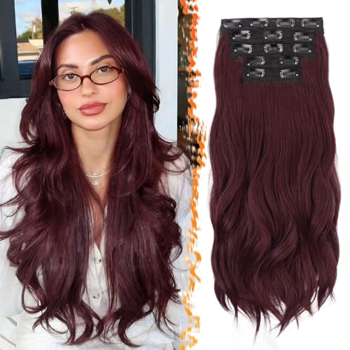 BARSDAR Extension de Cheveux à Clips Rouge, 50cm Longue Ondulées Clip en Extensions pour Femme 5PCS Extension a Clip Cheveux Synthétique Postiche Extensions - Foncé...