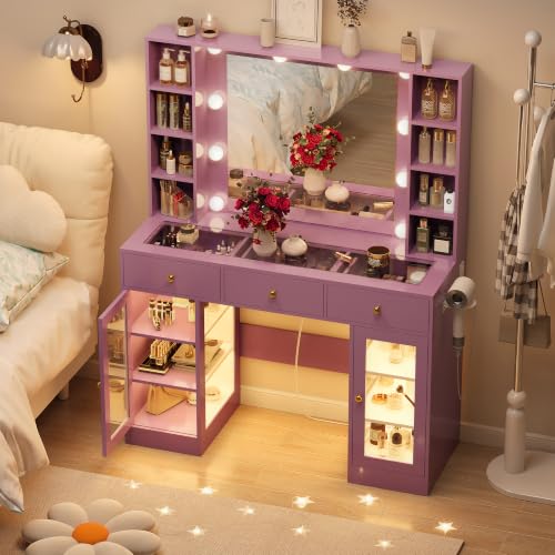 Image of HUANLEGO Purple Vanity Desk with Mirror and Lights, Glass Top Vanity with Lighted Mirror & RGB Glass Cabinet and 3 Drawers, Makeup Desk with Lights Dressing Table for Bedroom, 3 Color Modes