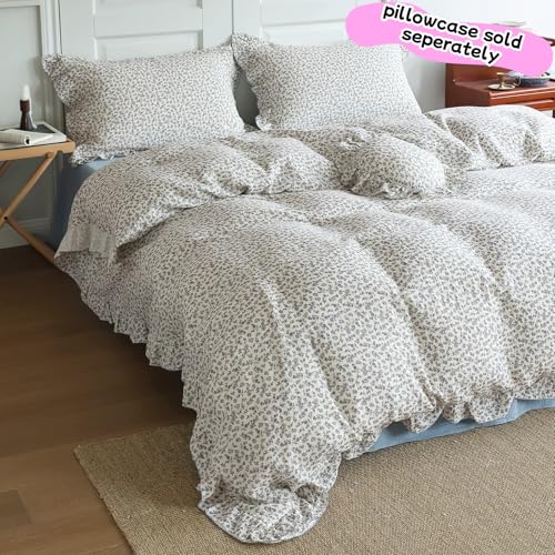 Image of BuLuTu Chic Shabby Blue Floral Print Duvet Cover Queen, Double-Layer Cotton Muslin Comforter Cover with Ruffles, Kids Teens Bedding Quilt Covers,90 inchx90 inch, Zipper Closure, No Pillow