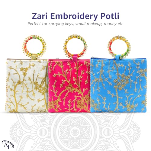 Image of Women Potli Bags Pack of 18 | Gifting Potli with Zip & Bangle Handle | Traditional Shagun Return Gifts Potli for Mehandi, Haldi, Baby Shower, Wedding, Sangeet (Embroidered)