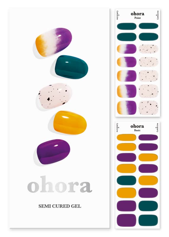 ohora Semi Cured Gel Nail Strips (N Everything) - Green/Purple, Patterned, Works with UV/LED Lamps, Salon-Quality, Long Lasting, Easy to Apply & Remove - Includes 2 Prep Pads, Nail File & Wooden Stick