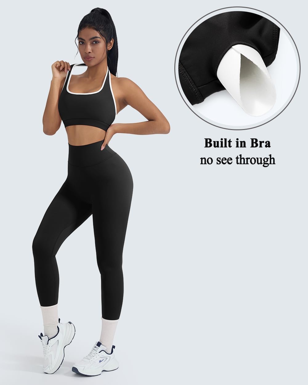 OMKAGI 2 Piece Workout Sets for Women Halter Sports Bras Gym Sets Booty Leggings Outfits - Image 3