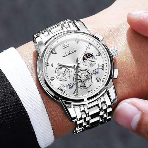 Image of OLEVS Watch Men Luxury Chronograph Stainless Steel Wrist Dress Waterproof Watch Quartz Analog Large Face Luminous