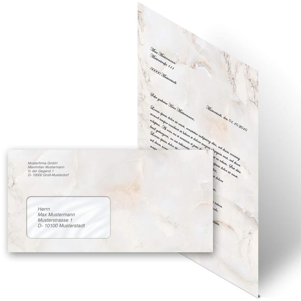 Briefpapier Sets Marmor & Struktur, MARMOR NATUR 100 Blatt Briefpapier + 100 passende Briefumschläge DIN LANG mit Fenster | Paper-Media