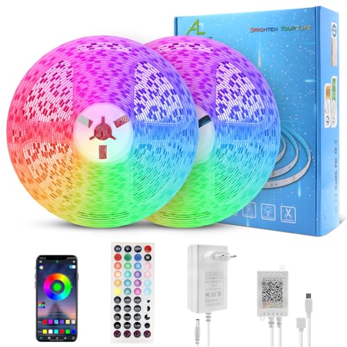 ALED LIGHT Bluetooth Striscia LED 20M, 60 LED/M, 2X10M, SMD 5050 RGB Luci Led Camera da Letto con APP/Telecomando a 44 tasti, Sincronizzazione Musicale, 24V Strisce LED per la Decorazioni Casa/Feste