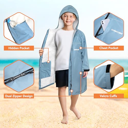 SUN CUBE Swim Parka Boy Girl, Kids Unisex Hooded Changing Robe with Sherpa Lining for Swimming, Surfing, Water Sports3