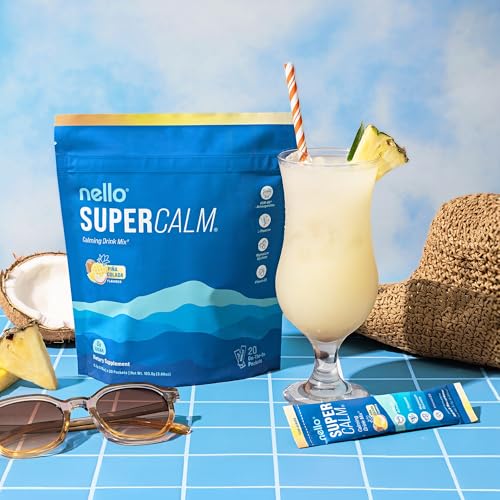 Image of Nello Supercalm Powdered Drink Mix, Cortisol Reducer* and Sleep Aid Supplement, L Theanine, Ksm-66 Ashwagandha, Magnesium Glycinate, Vitamin D 3, No Sugar, Non GMO, On The Go, 20 Ct, Pina Colada