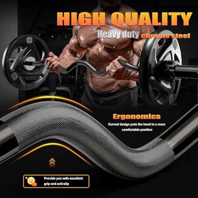 Olympic EZ Curl Bar - 47 Olympic Barbell with 500LB Weight Capacity for Biceps, Triceps, Strength Training, Weight Bar - Weightlifting Bar for Back Workouts & Home Gym Equipment