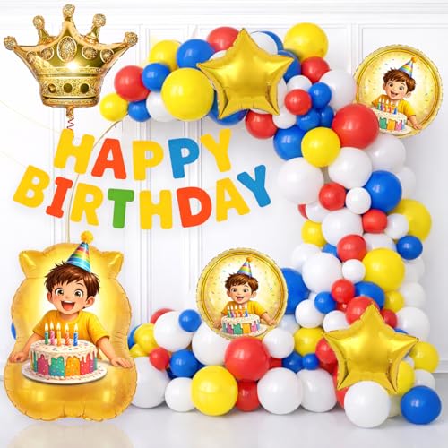 Image of Rozi Decoration Kids Birthday Decoration Kit with Happy Birthday Paper Banner, Crown Foil Balloon and Multicolor Latex Balloons - Pack of 57 Pieces for Home Party Decoration