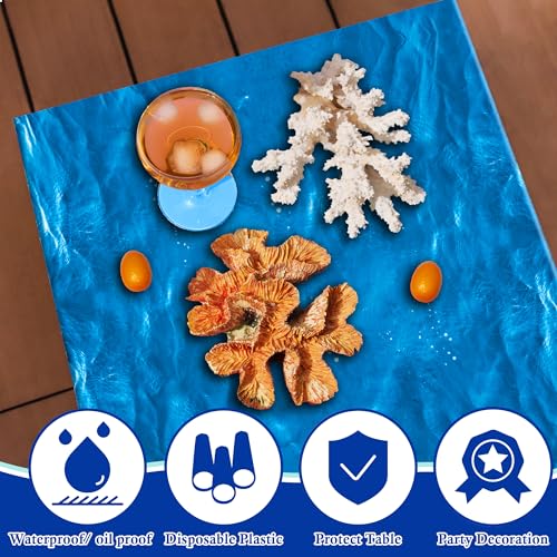 Image of OHOME 2 Pack Beach Party Decorations - Ocean Waves Plastic Tablecloth for Pool Party Decorations - Sea Water Print Table Cover for Summer Birthday Beach Theme Blue Backdrop Banner
