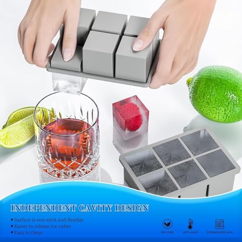 Image of Ice Cube Molds with Lid,Big Silicone Ice Cube Tray for Whiskey,2Inch Square Ice Cube Tray,Easy-Release Ice Mold,Giant Ice Cubes for Bourbon Cocktail (3, Grey)