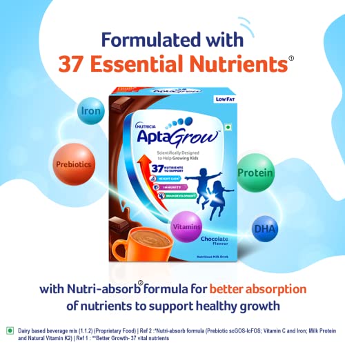 Image of AptaGrow Milk Drink Powder For Kid S Height Gain,Immunity & Brain Development,Nutritious & Tasty Chocolate Flavor,400 G|37 Nutrients|Prebiotics|Low Fat|Veg,1 Count,13 Servings
