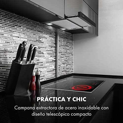 Klarstein-Viola-Campana-extractora-2-potencias-EEC-A-200-W-Extraccion-max-612-mh-Funcion-extensible-Interruptores-Luces-LED-Filtro-grasa-Valvulas-antirretorno-Acero-inoxidable-Negro