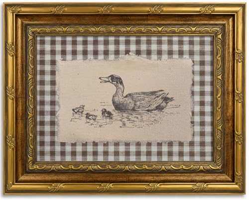 Gold Framed Duck Wall Art, Farmhouse Gingham Canvas Print, 11x9