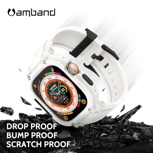 Image of amBand Bands Case Screen Protector Compatible with Apple Watch Ultra 3 /2 /1 49mm, M1 Sport Series Rugged Cover Strap and 9H Tempered Glass Film, Protective Bumper for iWatch 49 mm Men White
