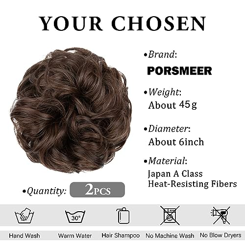 PORSMEER 2 Pack Messy Hair Buns Extensions Curly Wavy Synthetic Donut Updo Hair Pieces Easy Scrunchies Medium Brown - Image 2