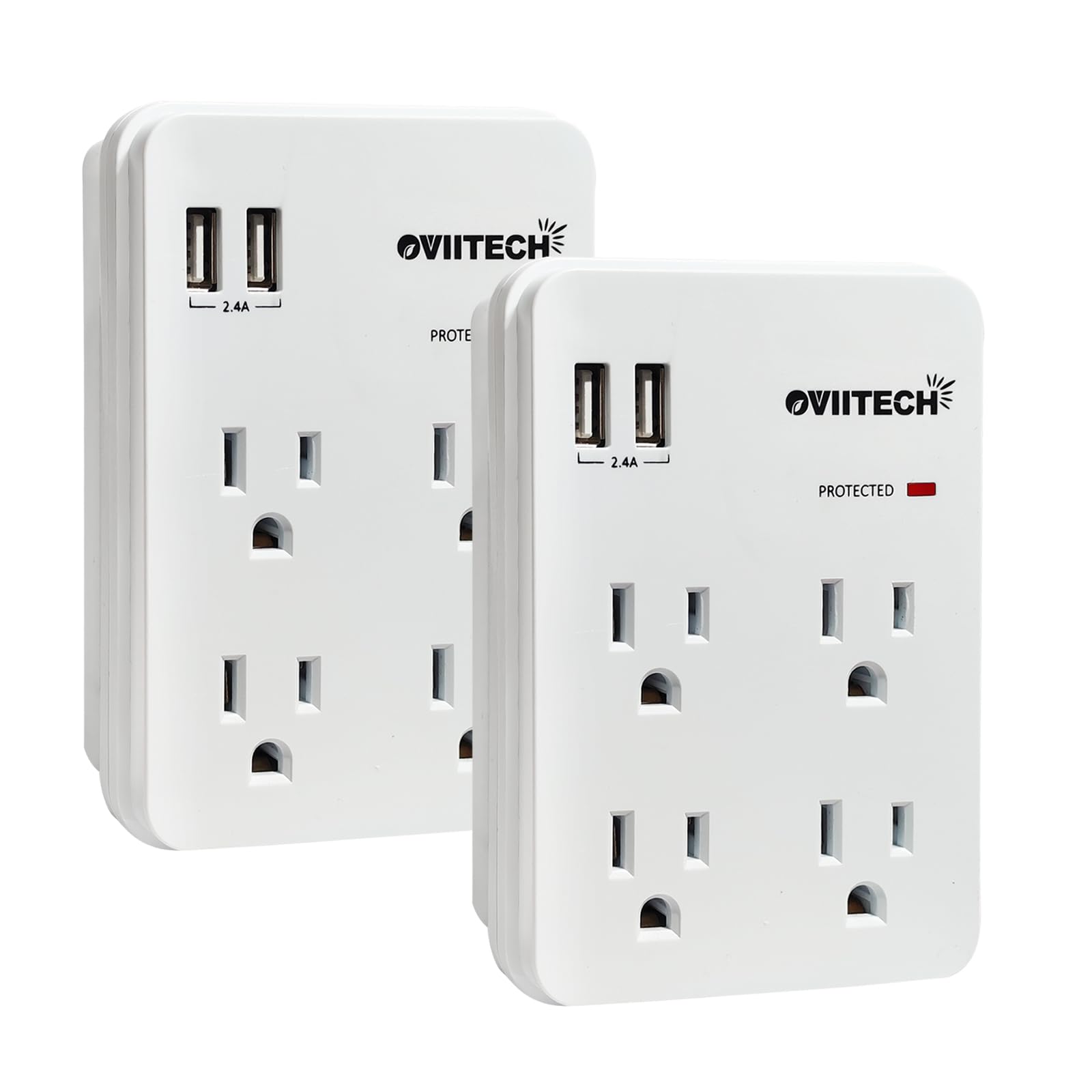Multi-Functional Wall Mount Outlet,Surge Protector,OviiTech 4-Outlet with USB 2.4A Charging Ports Socket Outlets Adapter,1875 W,750 Joules,White,ETL Listed,2 Pack