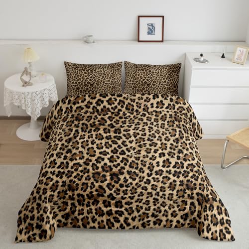 Image of Feelyou Kids Leopard Print Comforter Set Twin Size, Cowhide Bedding Set Boys Girls Brown Cow Fur Comforter Animal Duvet Insert Kids Room Decor 3Pcs