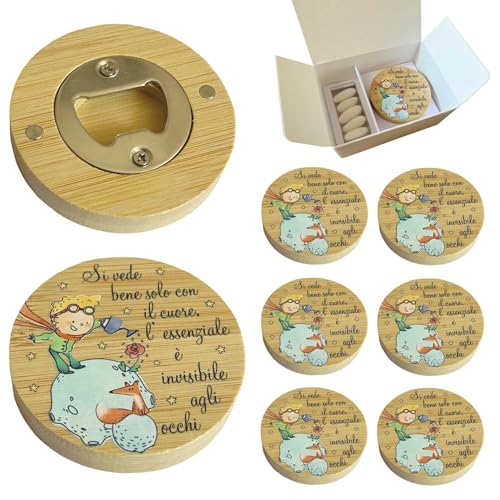Set 6 Bomboniere Stappa Bottiglie Magnetico in Legno Confezione Completa con Scatola, Portaonfetti e Biglietto a tema (Piccolo Principe)