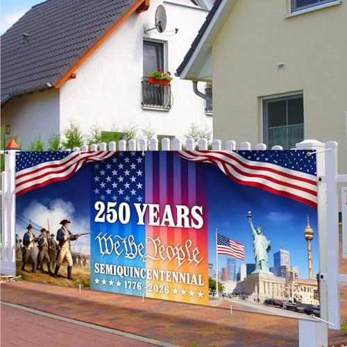 Image of 16x7 ft USA 250 Years History Garage Door Banner - inchWe the People inch Tribute with Soldier & Statue of Liberty Scene, Hanging Large Backdrop for Semiquincentennial Events & Patriotic Display