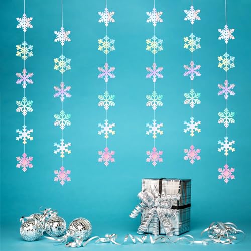 Image of Iridescent-Holographic Snowflake-Snow Christmas Party-Decorations Garland - 6pcs Winter Girl Frozen Birthday New Year Hanging Decoration Streamers Banner, Wonderland Party Supplies Decor Panduola