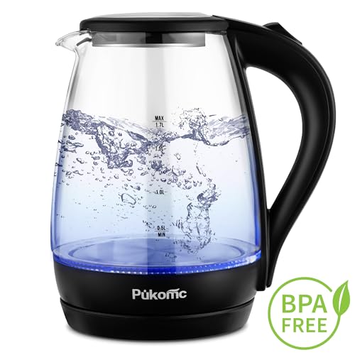 Pukomc Electric Kettle - 1.7L Hot Water Boiler - Glass Tea kettle with Wide Opening and Led Indicator, Auto Shut-Off and Boil-Dry Protection - Series 9460