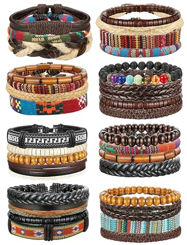 FIBO STEEL 31 Pcs Braided Leather Bracelets for Men Women Wooden Beads Cool Hemp Tribal Wristbands Cuff Punk Multilayered Bracelets