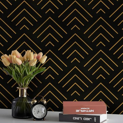 Image of TEKCOOL Self Adhesive Wallpaper Black and Gold Pattern Peel and Stick Wallpaper Gold Lines Geometric Sticky Back Vinyl Removable Contact Paper Wall Covering Decorative Film DIY 45x300cm (Black-4pc);
