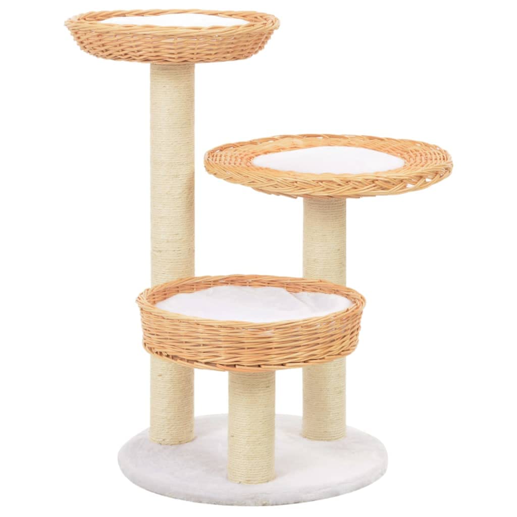 Kratzbaum für Katzen, handgefertigt, mit Sisal-Kratzbrett, natürliches Weidenholz, 3 Körbe für Nickerchen und abnehmbare Kissen, kompaktes Design zum Kratzen, Klettern und Sitzen