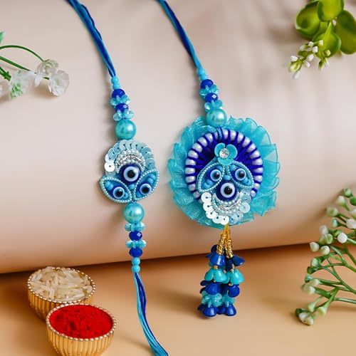 Image of Bhai Bhabhi Rakhi Set - Peacock Designer Rakhi with Stone & Pearl Work Lumba with Tassel for Bhabhi | Raksha Bandhan Gift