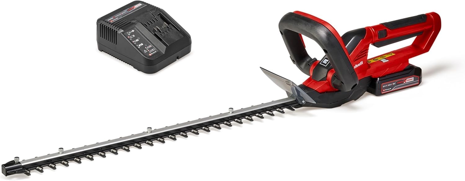 Einhell Cortasetos con batería GC-CH 1855/1 Li Kit Power X-Change (18V, 55cm de Longitud de Corte, 18mm Distancia Entre Dientes, Mango Giratorio, colector de Recortes, Incl. 2,5Ah batería y Cargador)