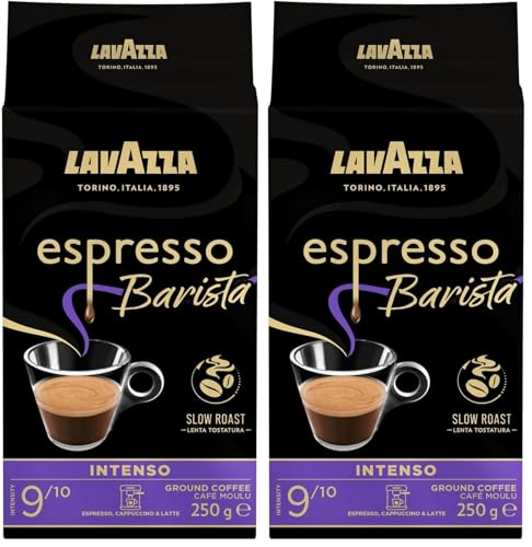 Lavazza, Espresso Barista Intenso, Café Molido Natural Tostado, Ideal para Cafetera Italiana, de Filtro y Francesa, con Notas Aromáticas de Cacao y Madera, Intensidad 9/10, Tueste Medio, 250 g