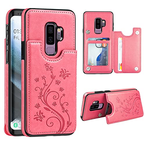 Korecase for Samsung Galaxy S9 Plus Wallet Case with Card Slot, Butterfly Flower PU Leather Back Flip Case for Women, Folio Shockproof Protective Phone Shell for Galaxy S9 Plus,Pink