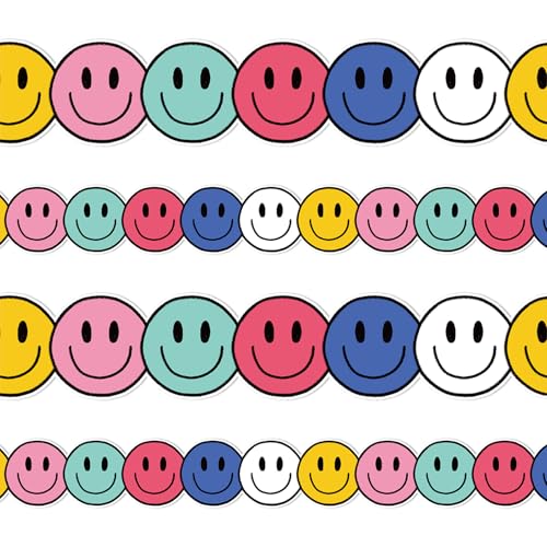 Image of Whaline 32.8ft Happy Face Bulletin Board Border Navy Blue Rose Pink Yellow Green Smile Face Die-Cut Rolled Border Trim for Back to School Chalkboard Wall Decoration