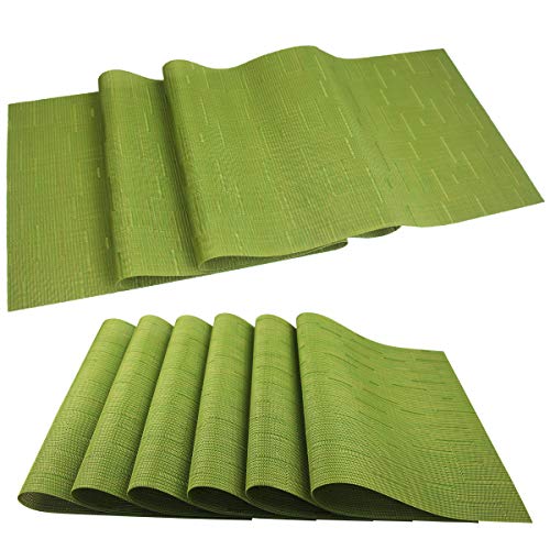 pigchcy Elegant Placemats with Matching Table Runner,Washable Plastic Placemats for Dining Table Sets(6pcs Placemats+1pcs Table Runner,Same Style,Sage Green)