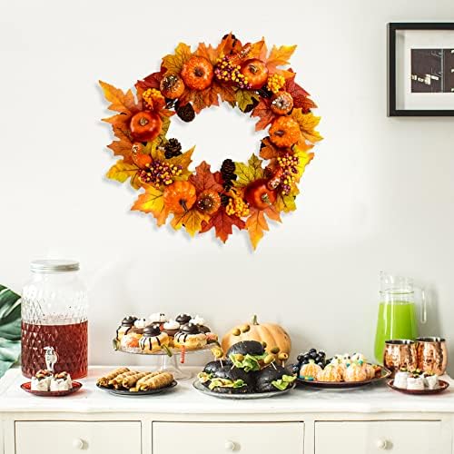 Autumn Wreath Front Door with Hanger, Mokani Autumn Door Wreaths (15 inch) Hanging Indoor Outdoor, Fall Wreath for Halloween, Harvest Festival