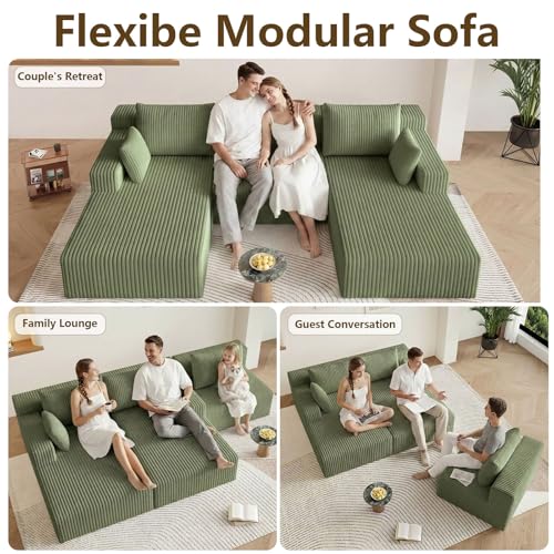 Image of 107 inch Modular Sectional Sleeper Sofa, Boneless Cloud Couch for Living Room, U Shaped 3 Seat Sofa with Deep Seat, Free Combination, Couch in a Box, No Assembly Required (Green)