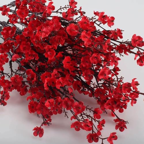 Image of CURATED CART Artificial Flowers Bunch, Baby's Breath Gypsohila Flowers, 2 Bunch for Vase Pot, Home Decoration, Living Room, Wedding, Fake Flowers, Color, (Vase Not Included) (Red)