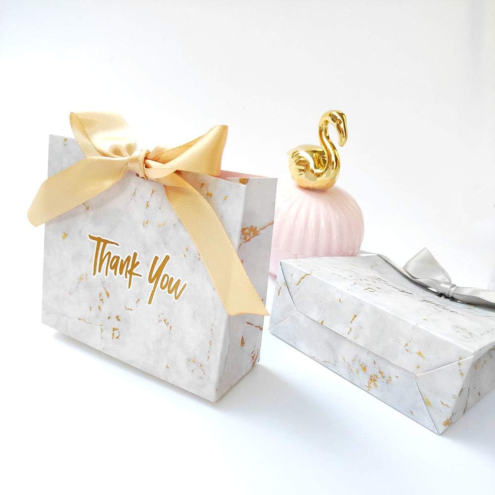 Gift Box Grey Marble Gift Bag for Wedding Favor Paper Chocolate Packing Boxes Baby Shower Thanks Candy Boxes with Ribbon Party Supplies (Box with Gold Ribbon, 100pcs)