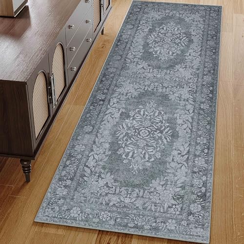 PureCozy Black Runner Rug 2x6 Hallway Machine Washable Kitchen Vintage Distressed Non Slip Long Carpet Indoor Retro Floral Bedroom Accent Throw Rug for Bathroom Office Laundry Dining Room 2'