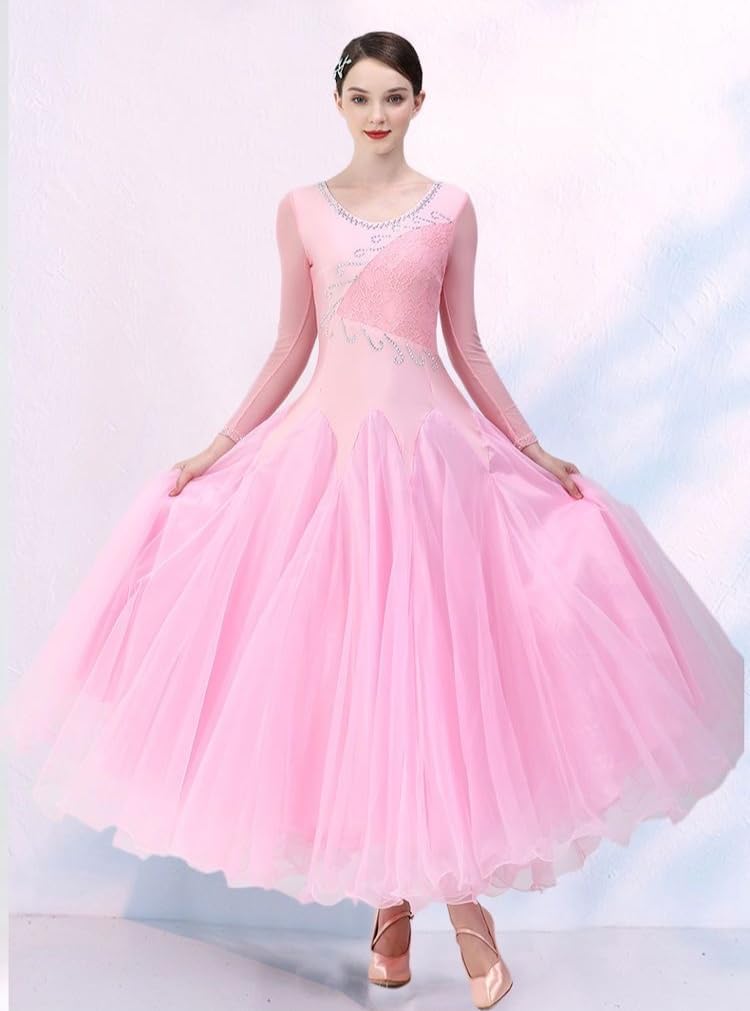 HEARTTOUCH Women's Ballroom Dance Competition Dress Modern Waltz Tango Standard Dress Mesh Sleeve Performance Costumes
