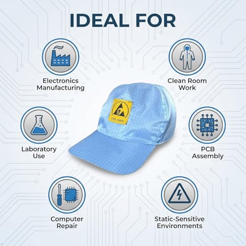 Image of Rojex Blue ESD Cleanroom Cap - Anti-Static, Unisex Headwear for Labs, Electronics, Assembly & Static-Sensitive Work - Polyester, Machine Washable