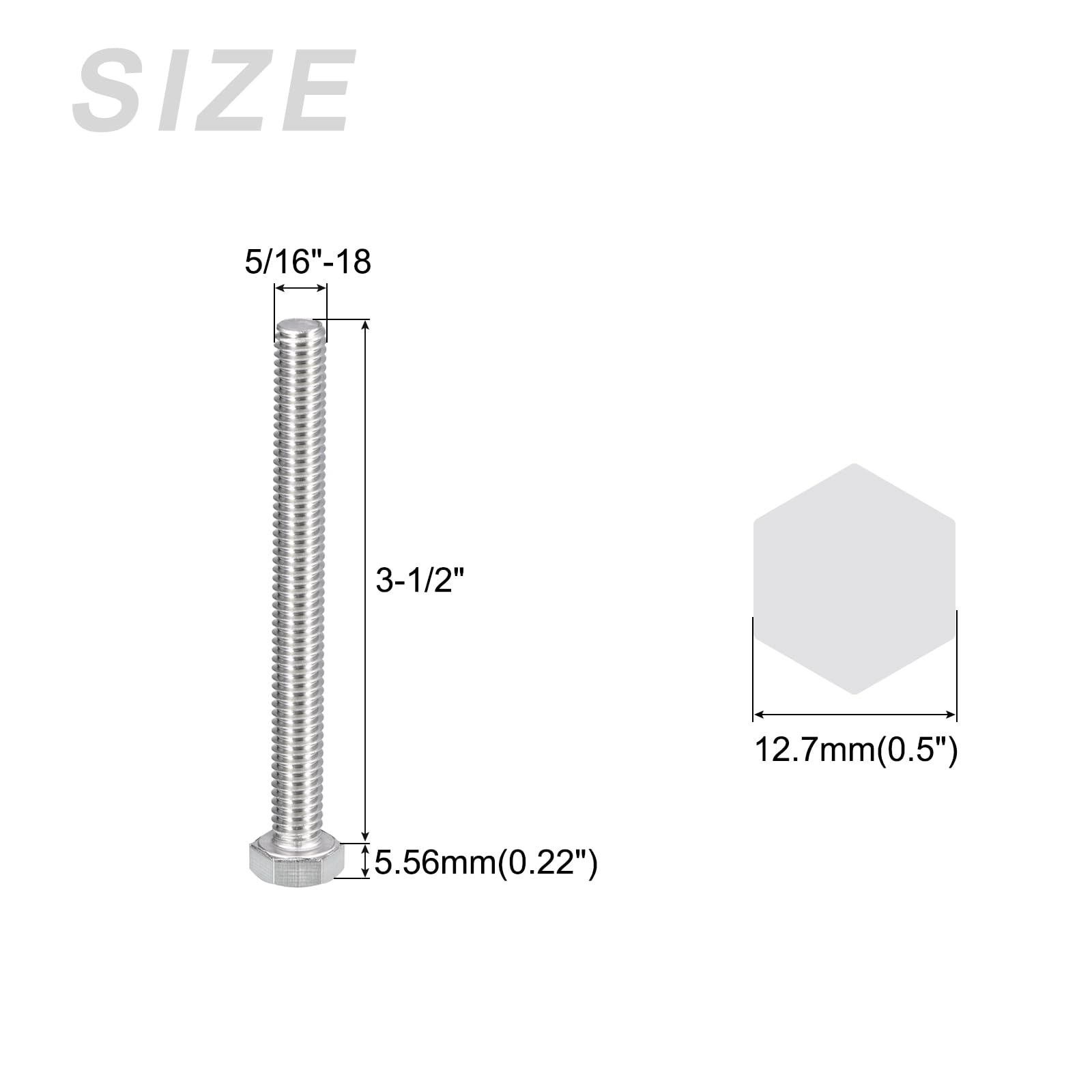 METALLIXITY Hex Head Bolts (5/16-18 x 3-1/2") 8Pcs, 304 Stainless Steel 18-8, Fully Threaded, External Hex Drive - Image 2