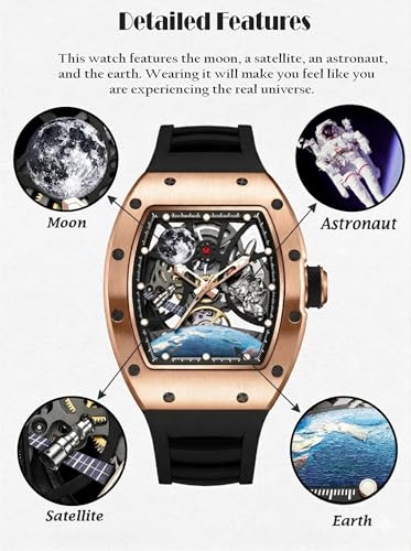Image of ALIX AL2930 Skeleton Automatic Watch for Men Space Edition Astronaut & Moon Dial with Soft Silicone Strap